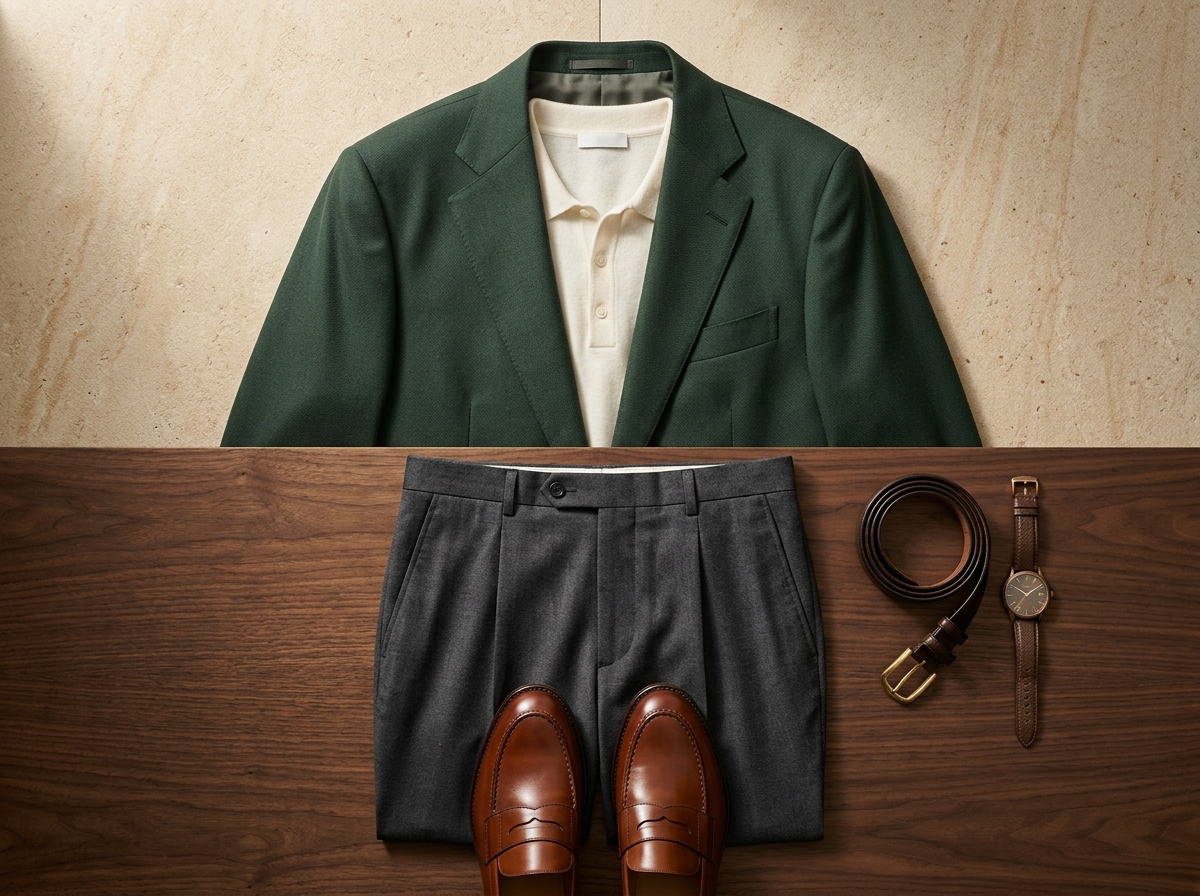 Forest tailoring and charcoal trousers laid out together